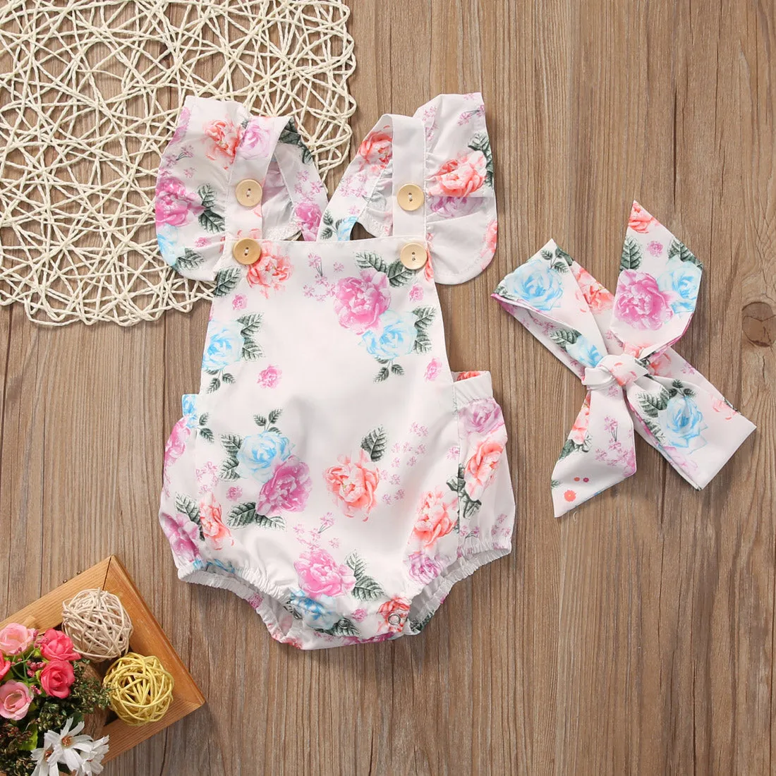 2pcs Frill Sleeve Floral Romper