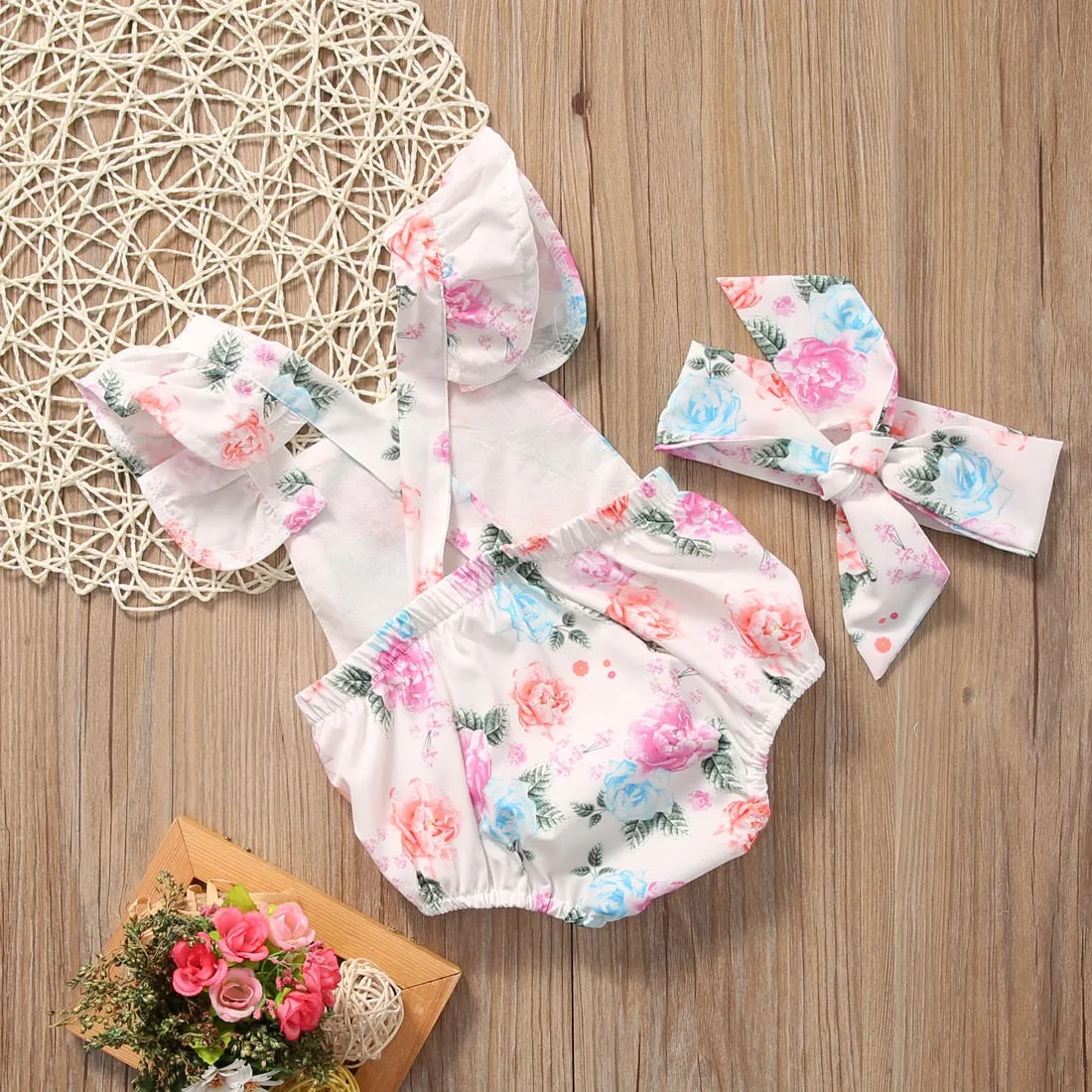 2pcs Frill Sleeve Floral Romper