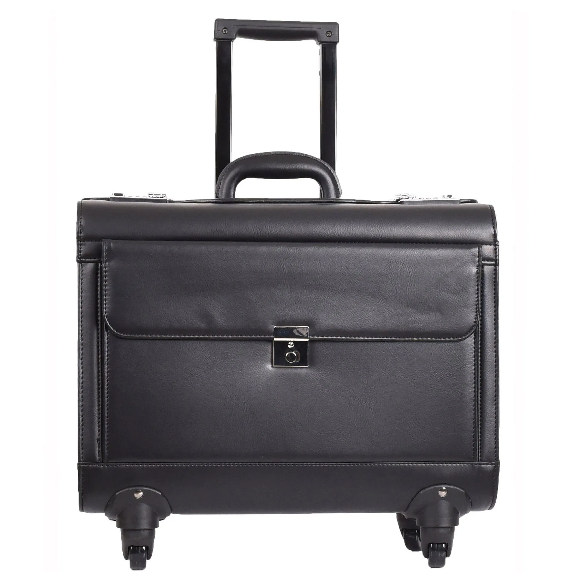 4 Wheel Spinner Leather Pilot Case Flight Carry on Cabin Bag HOL966 Black