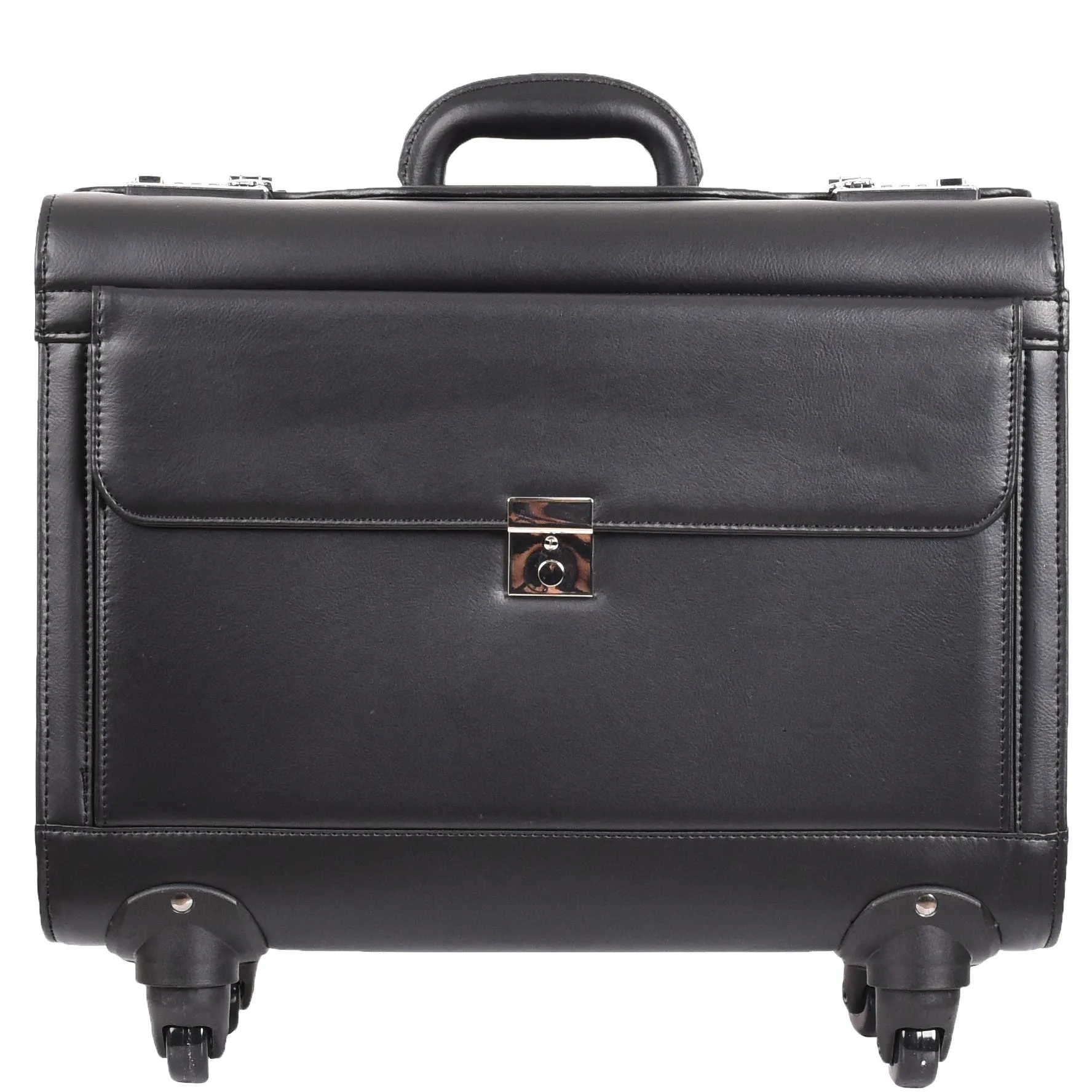 4 Wheel Spinner Leather Pilot Case Flight Carry on Cabin Bag HOL966 Black