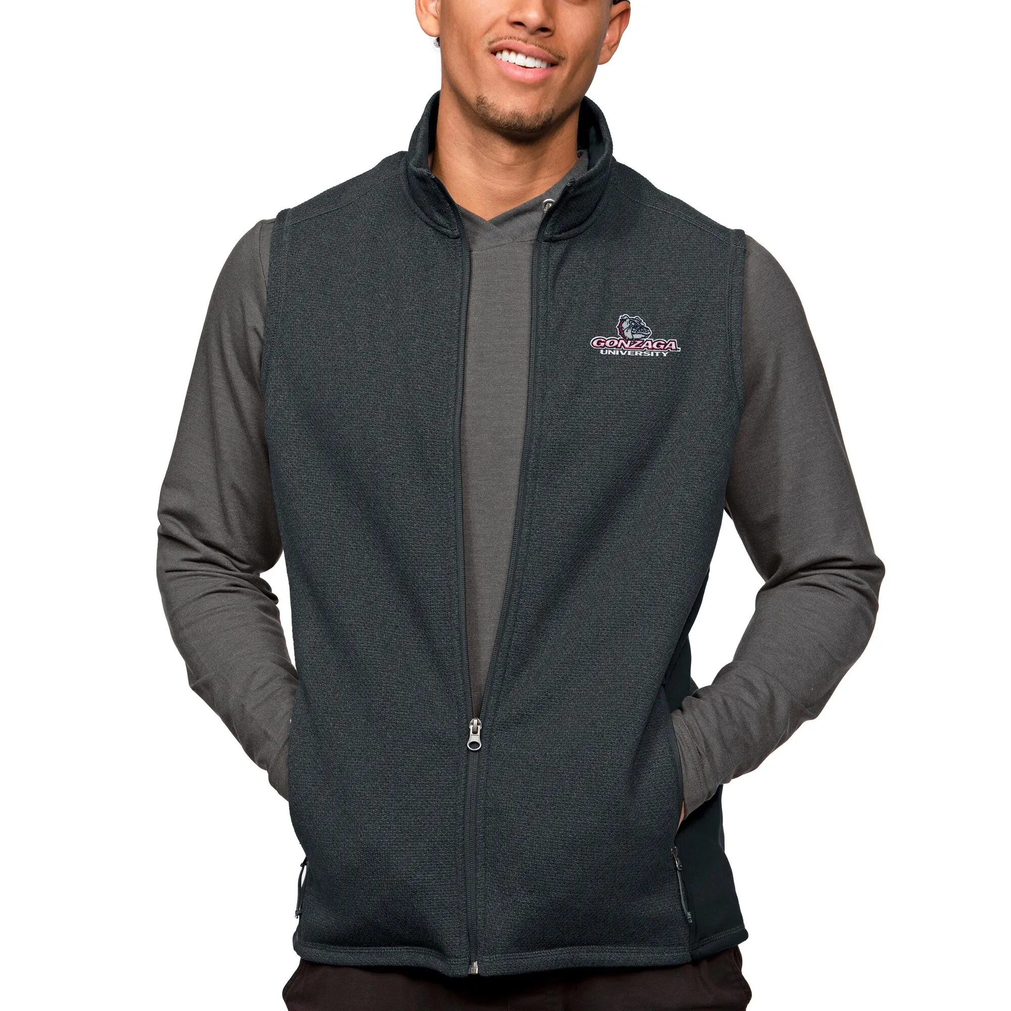 Antigua Gonzaga Bulldogs Heather Charcoal Course Full-Zip Vest