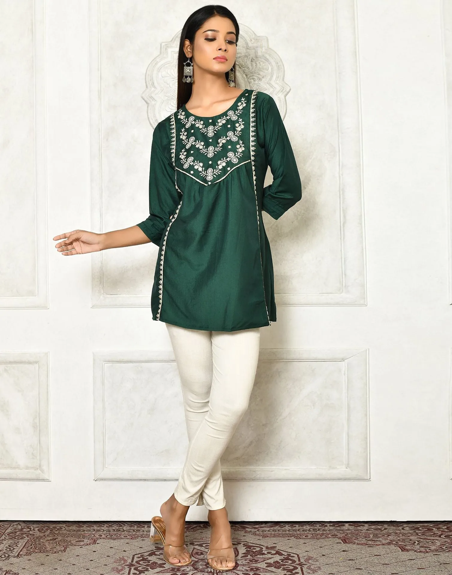 Dark Green Viscose Embroidery Tunic Top