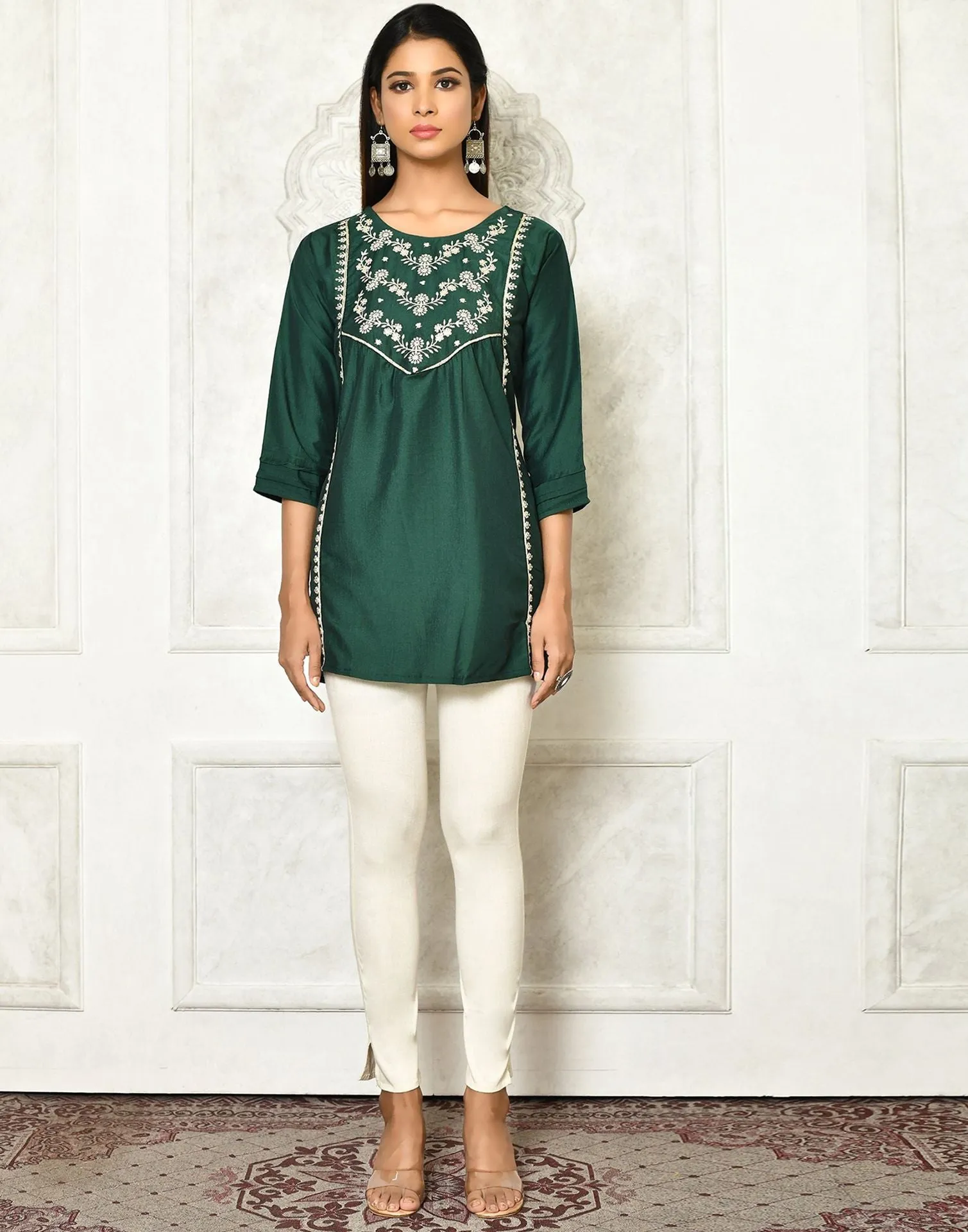 Dark Green Viscose Embroidery Tunic Top