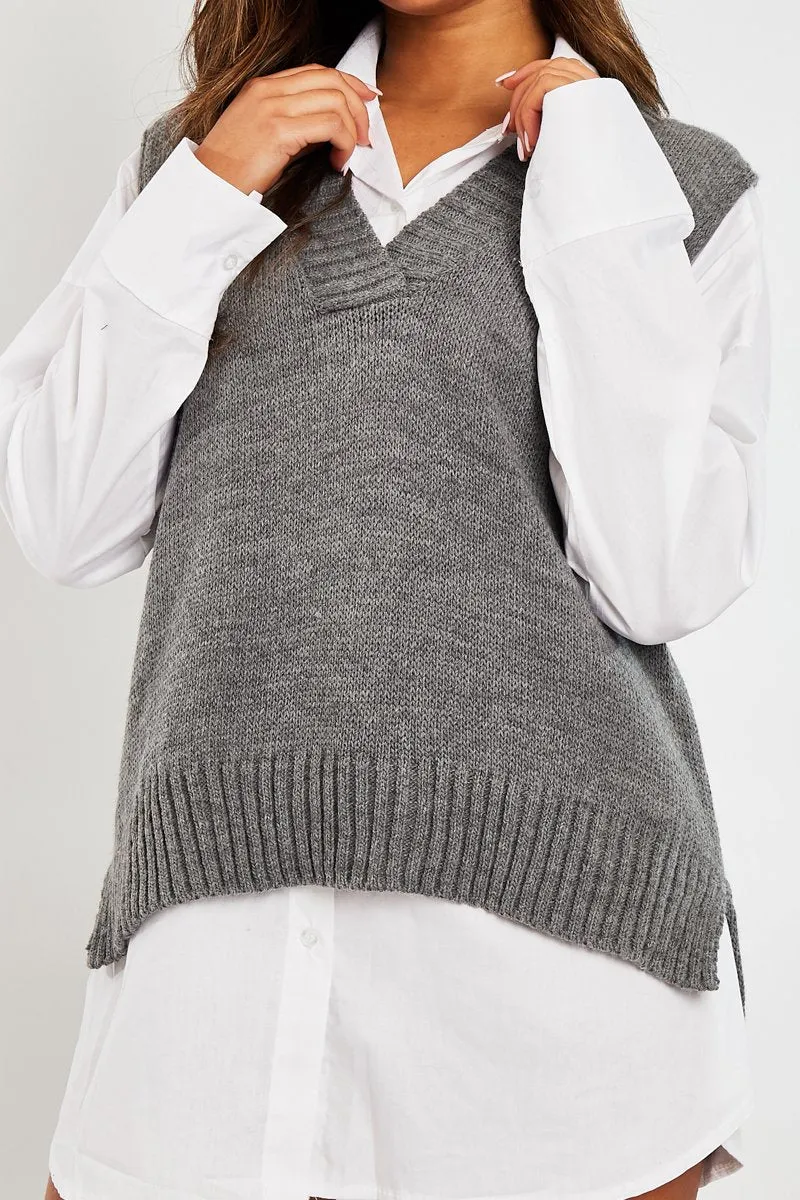 Dark Grey Shirt Insert Knit Vest Top - Caris