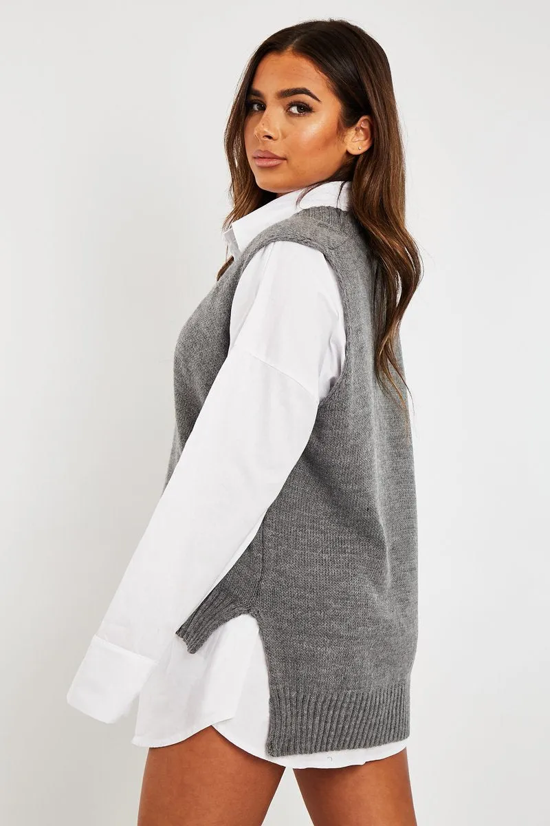 Dark Grey Shirt Insert Knit Vest Top - Caris