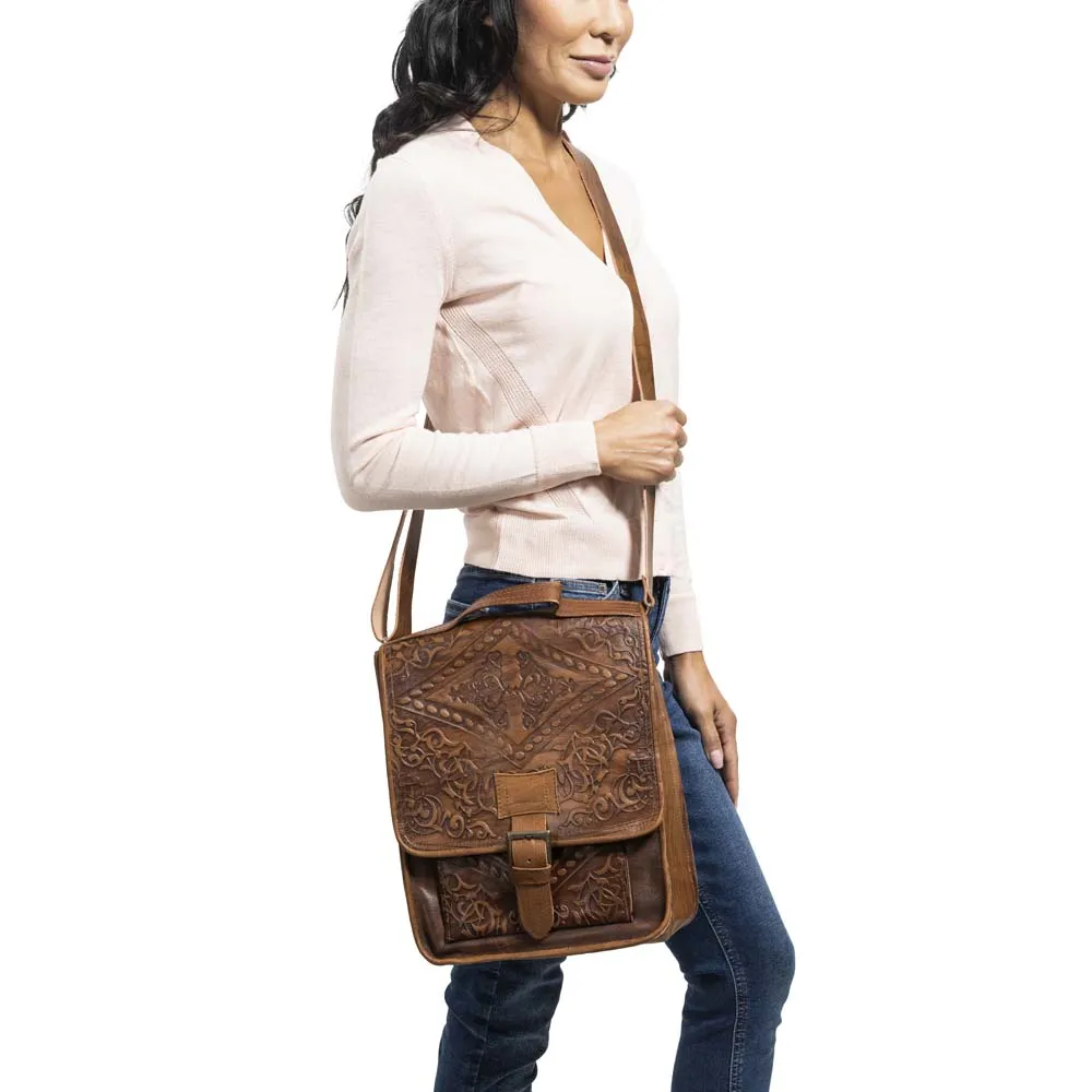 Embossed Leather Bag with Handle | Brown