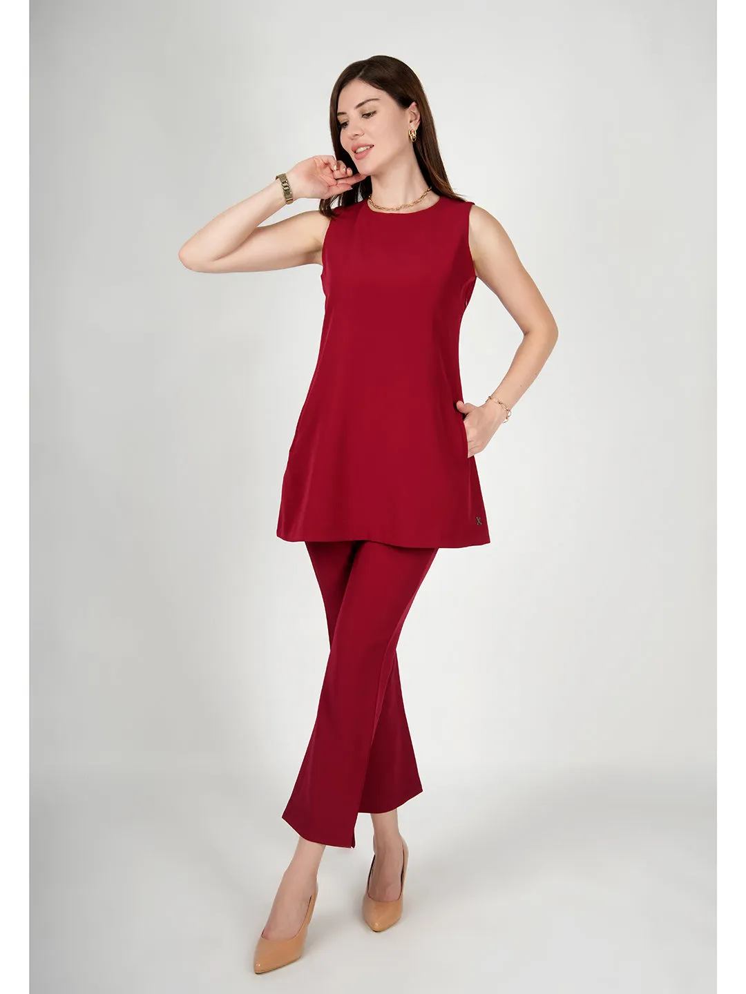 Exude Resplendent Thigh Length Tunic with Trouser (Red)