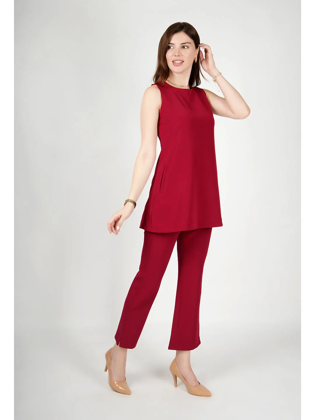 Exude Resplendent Thigh Length Tunic with Trouser (Red)