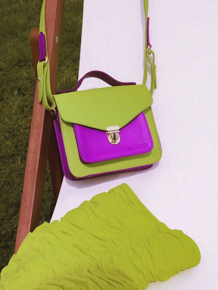 Green and Purple Leather Mini Cross-body Bag for Women - Mademoiselle George XS Sorbet Apple / Blackcurrant | PAUL MARIUS