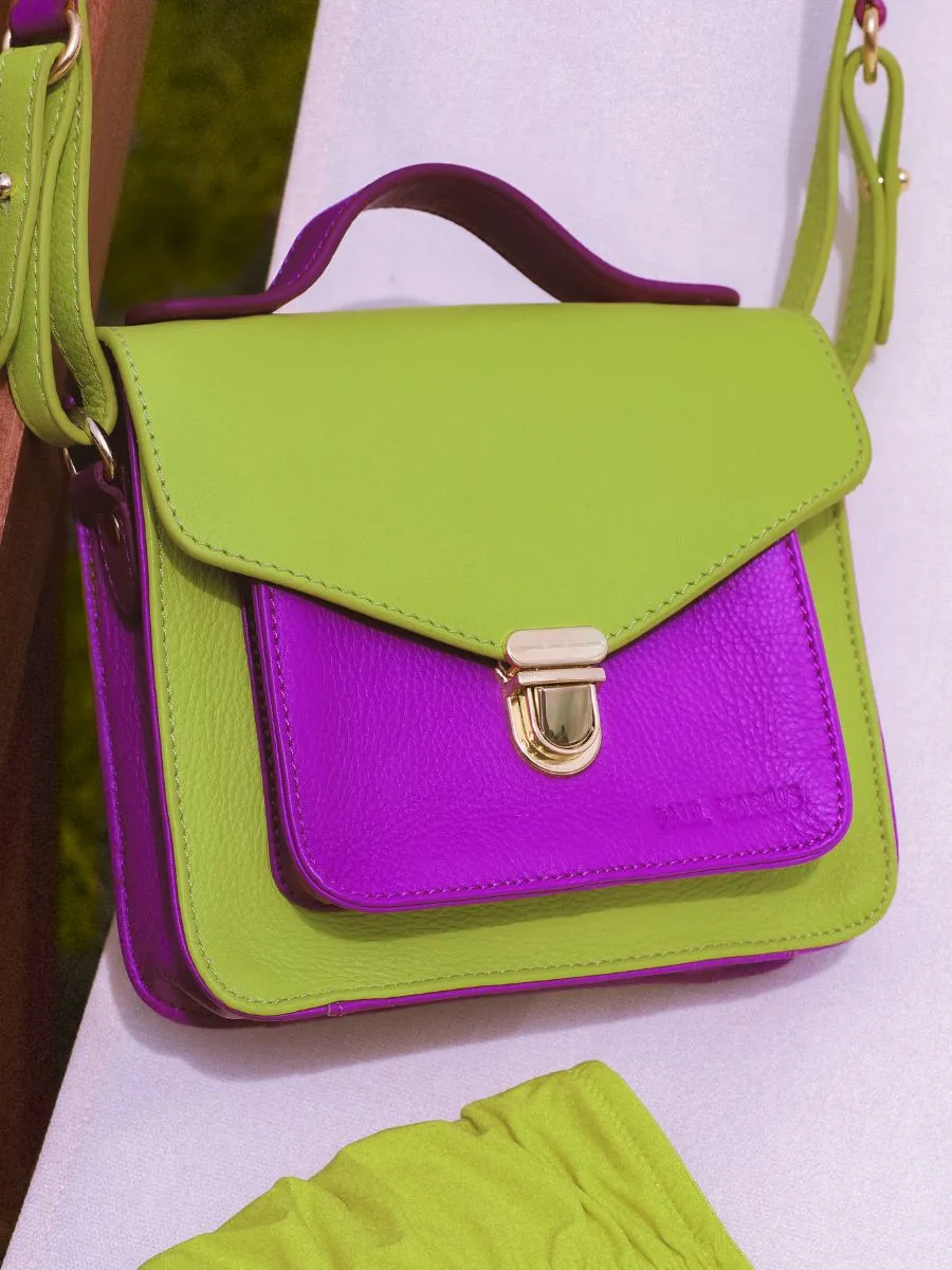 Green and Purple Leather Mini Cross-body Bag for Women - Mademoiselle George XS Sorbet Apple / Blackcurrant | PAUL MARIUS