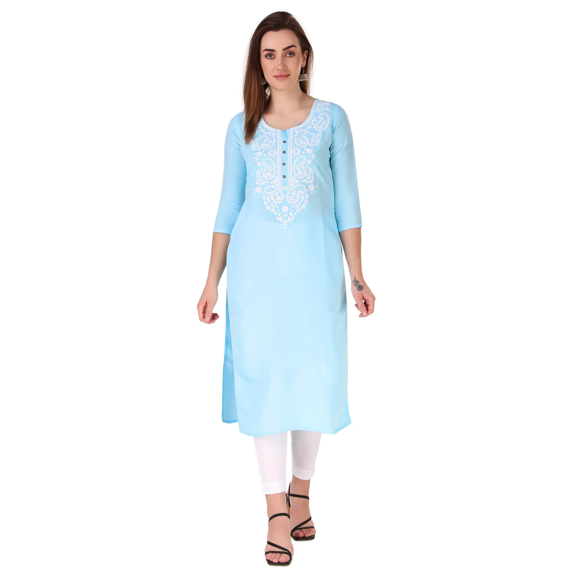 ladyline Rayon Chikhan Schiffli Embroidered Kurti for Womens Tunic Top