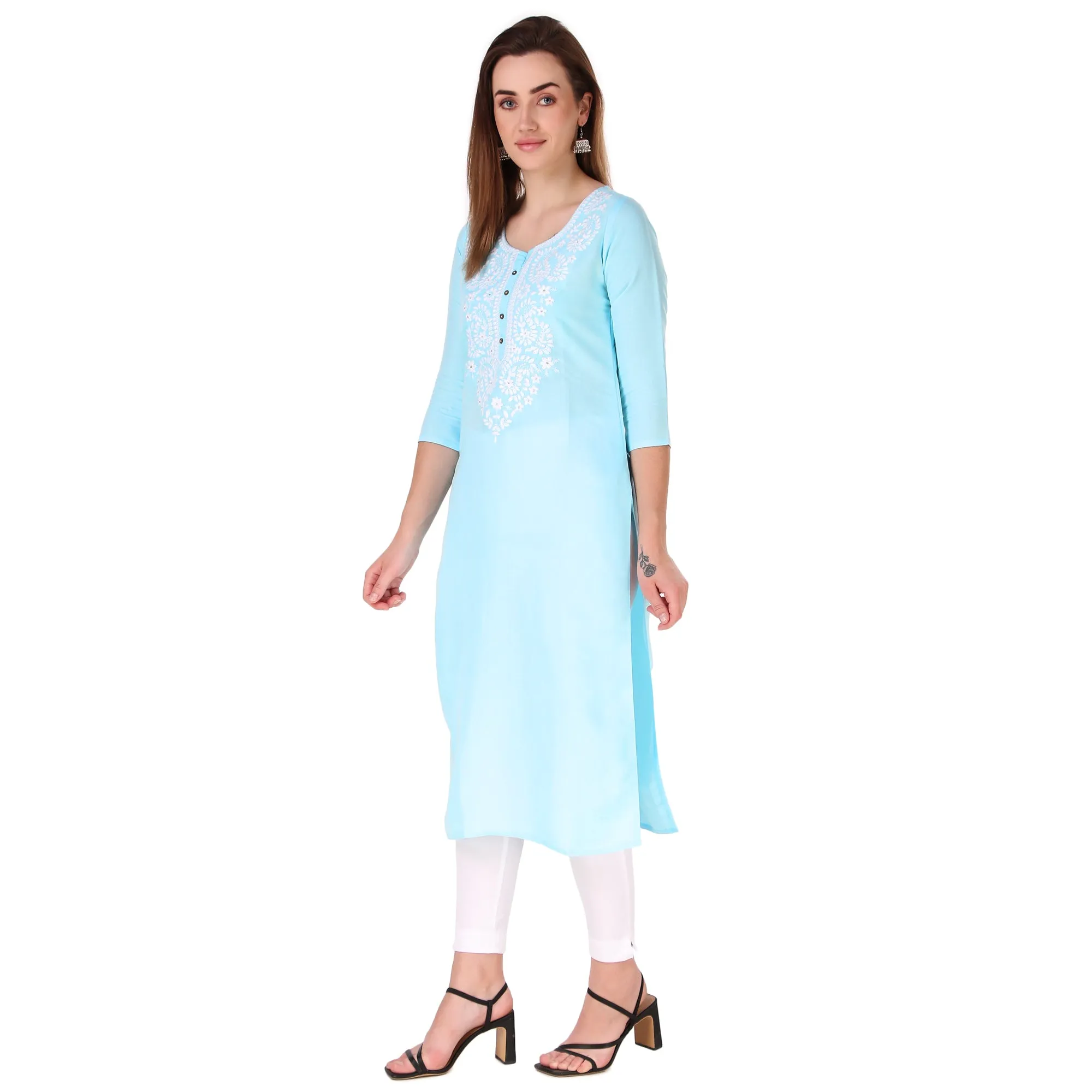 ladyline Rayon Chikhan Schiffli Embroidered Kurti for Womens Tunic Top