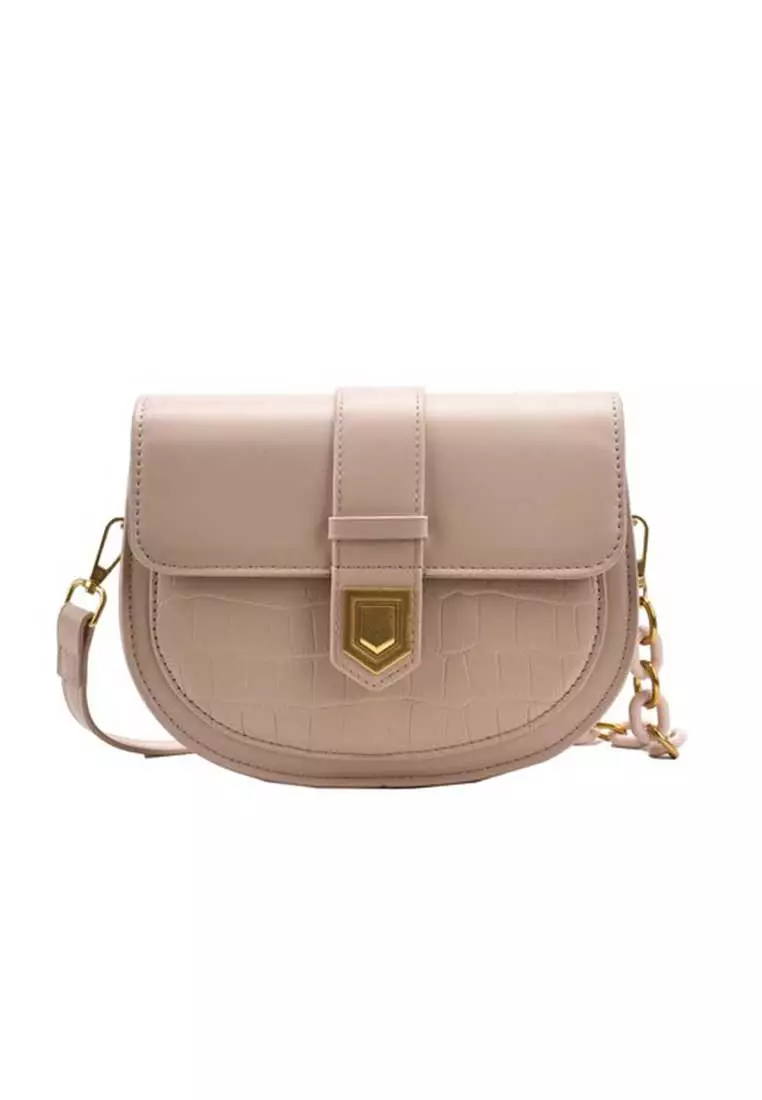 Lara Women's Embossed Leather Flap Magnetic Buckle Cross-body Saddle Bag - Beige