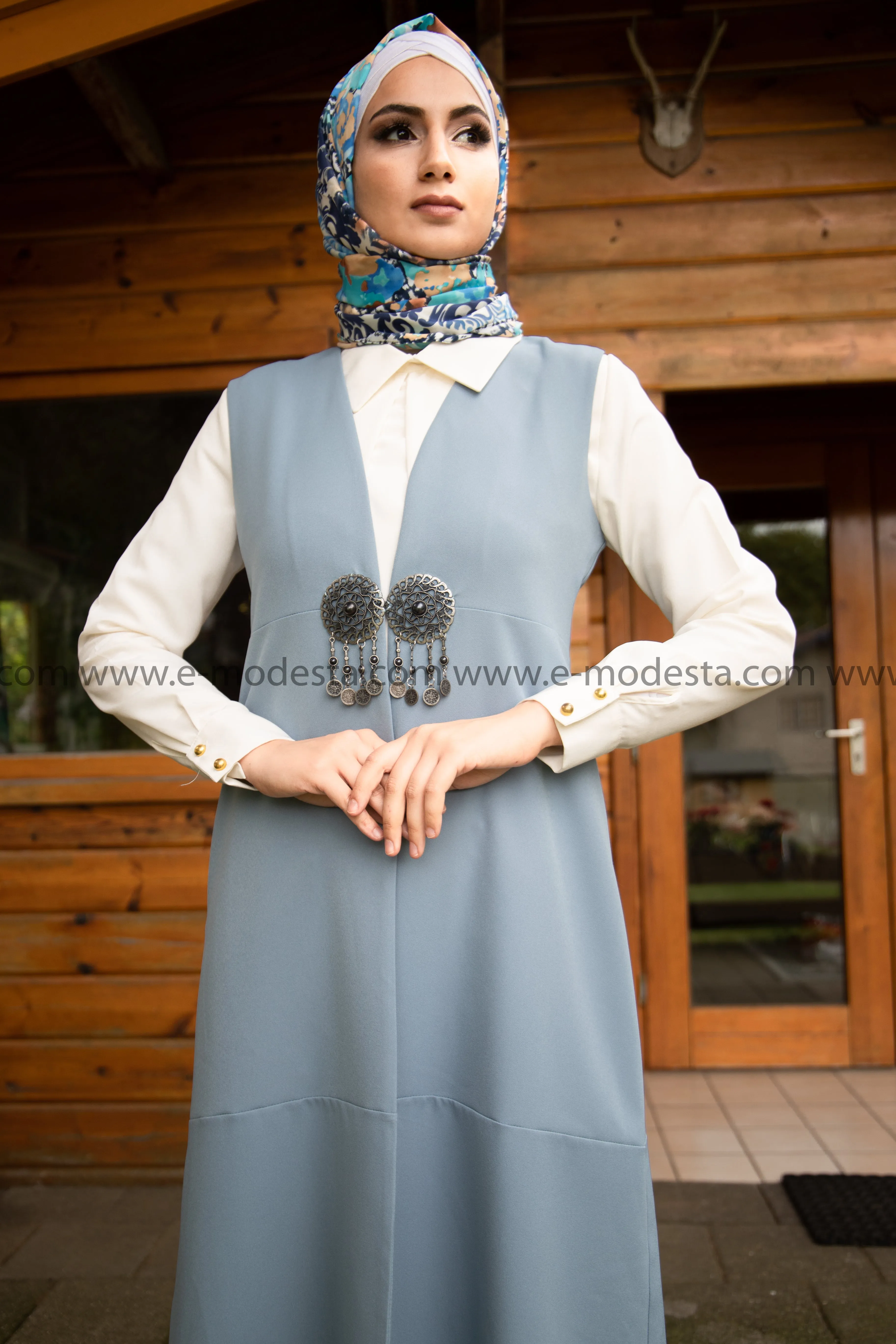 Ottoman-Style Long Vest | Blue Color