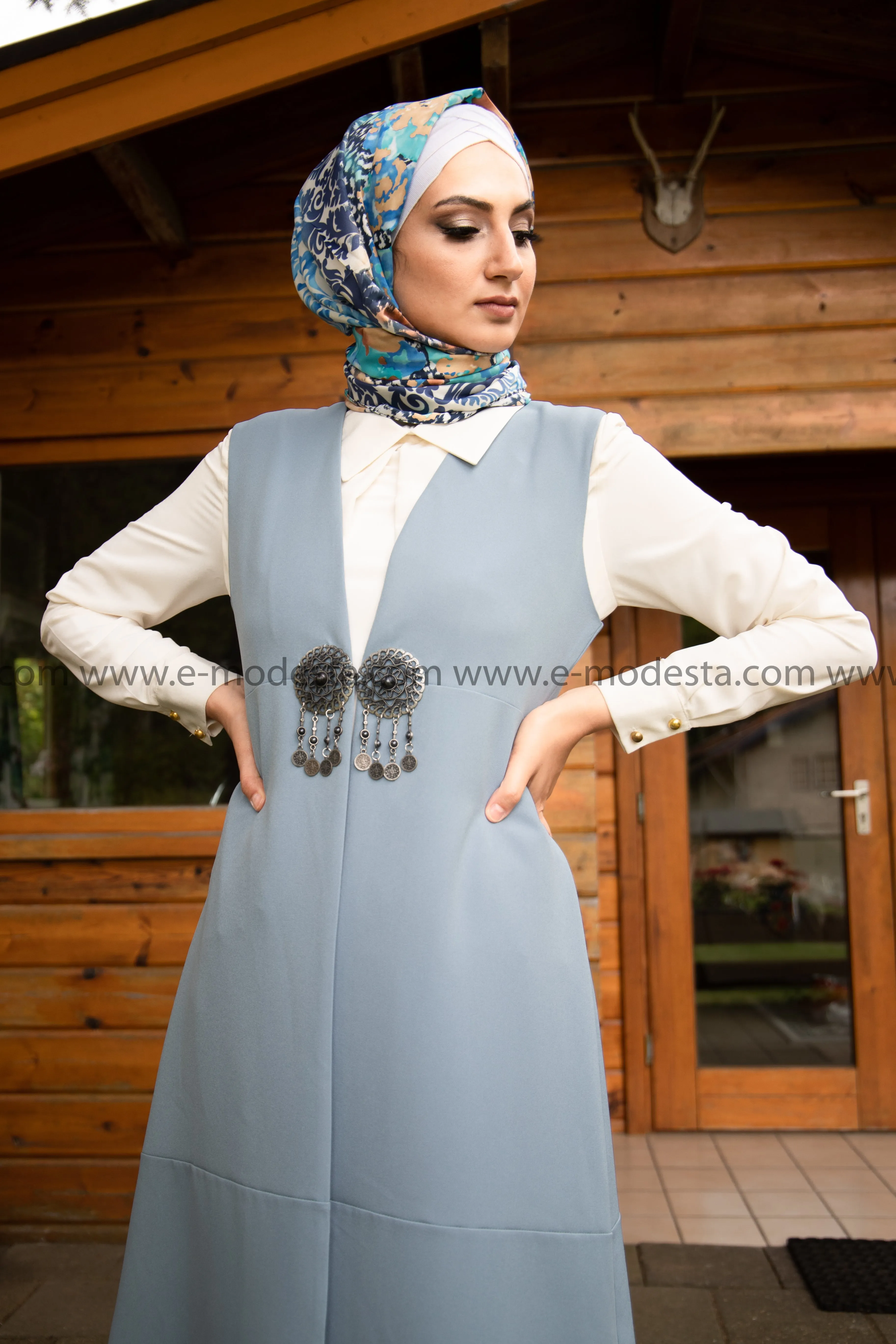 Ottoman-Style Long Vest | Blue Color