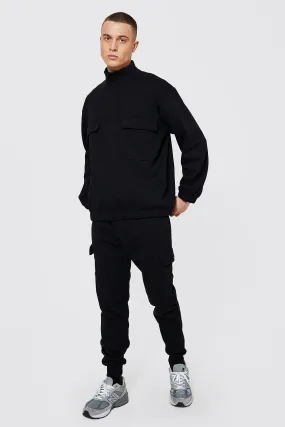 Oversized Half Zip Cargo Funnel Tracksuit | boohooMAN UK