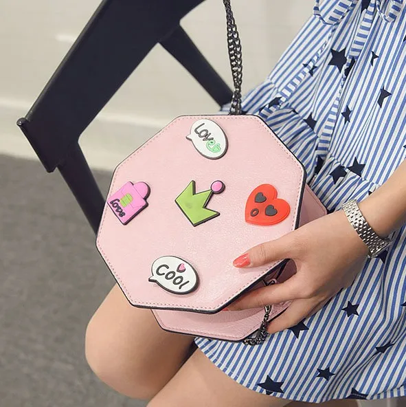 Pink White Black Hexagonal Cartoon Comic Cross Body Sling Strap Bag Box