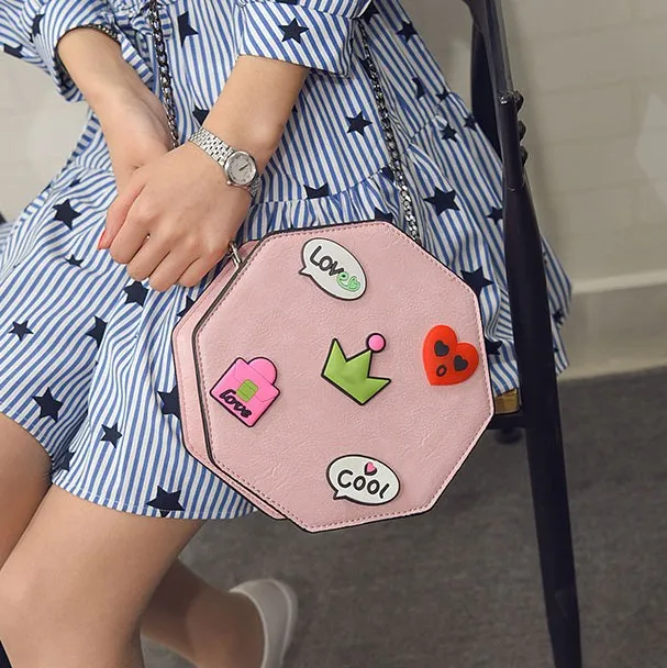 Pink White Black Hexagonal Cartoon Comic Cross Body Sling Strap Bag Box