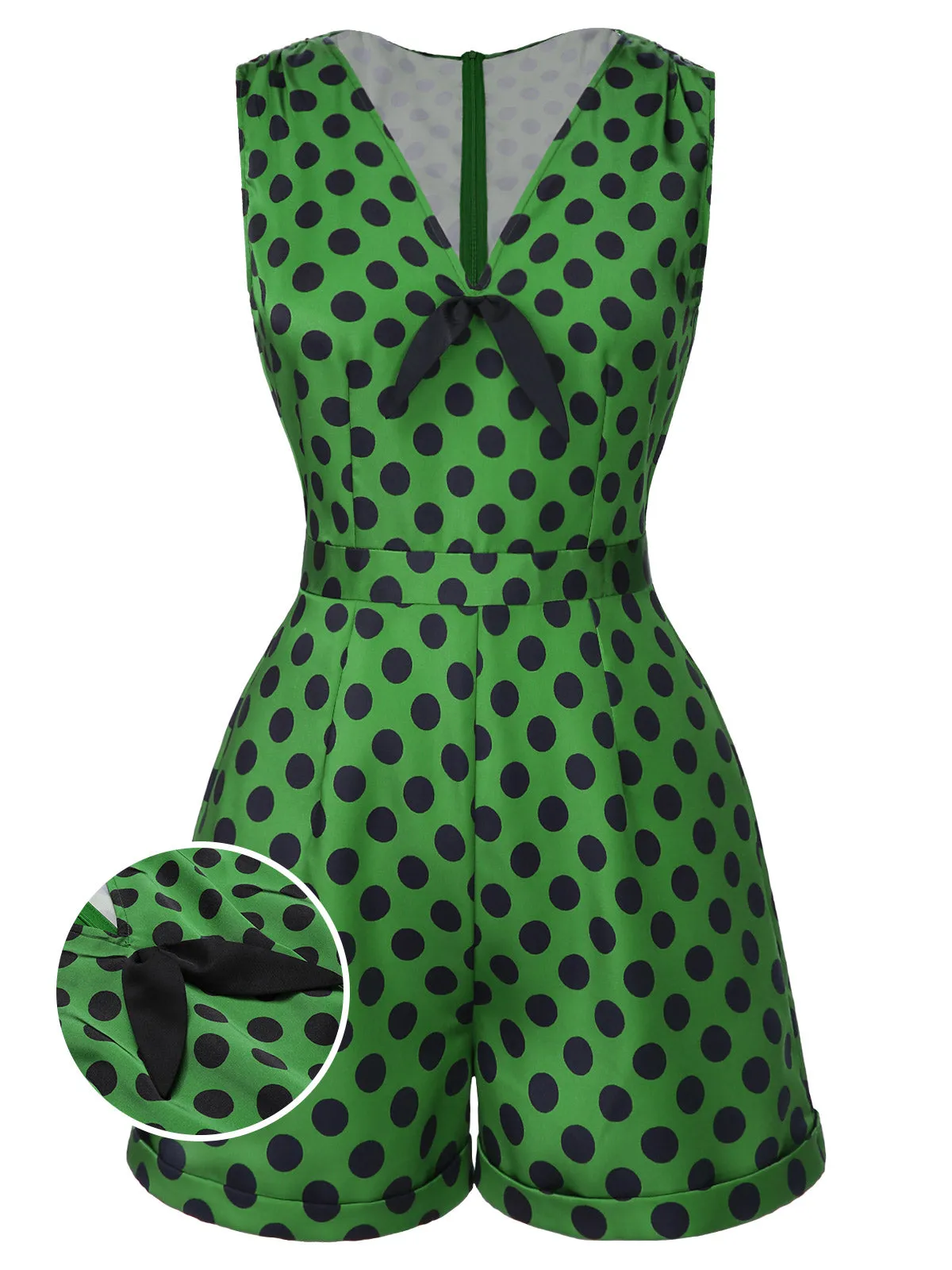 [Pre-Sale] Green 1950s Polka Dot Lace-Up Romper