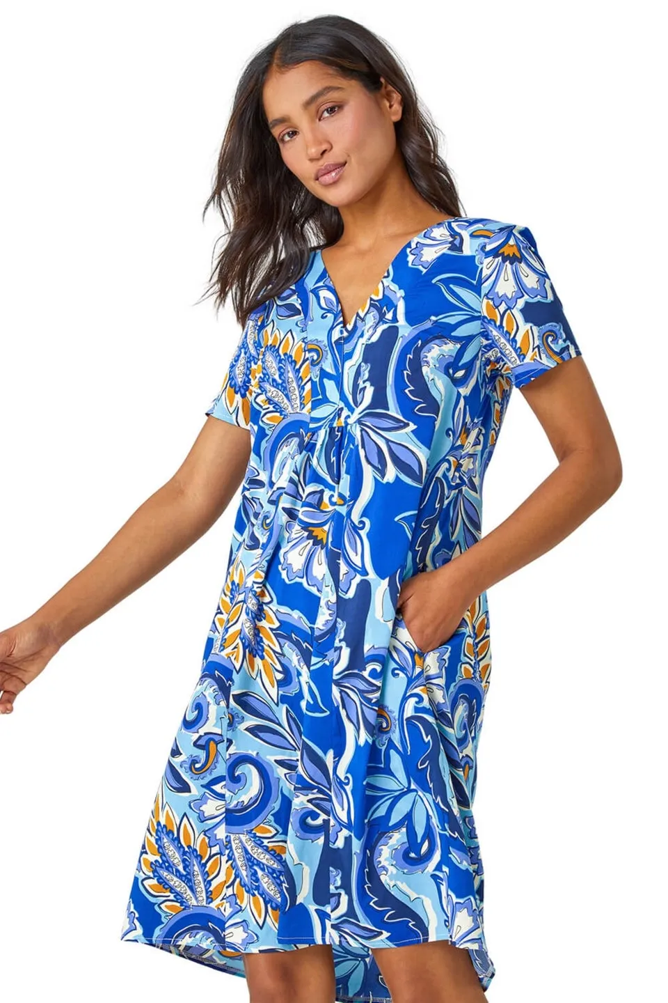 Roman Royal Blue Baroque Floral Pocket Shift Tunic Dress