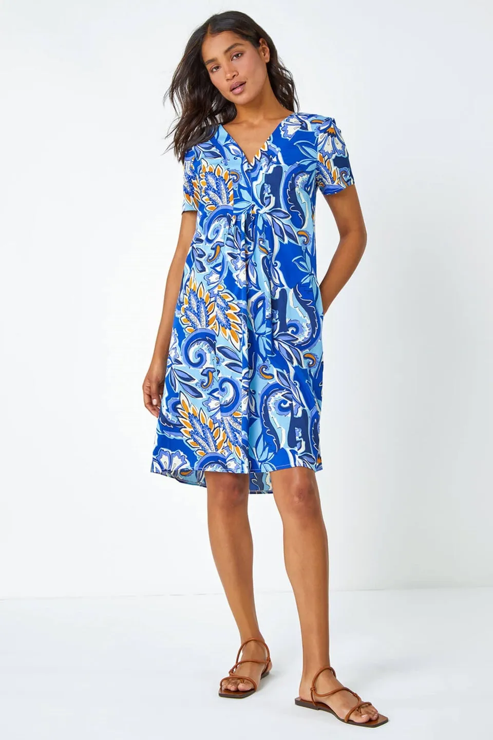 Roman Royal Blue Baroque Floral Pocket Shift Tunic Dress