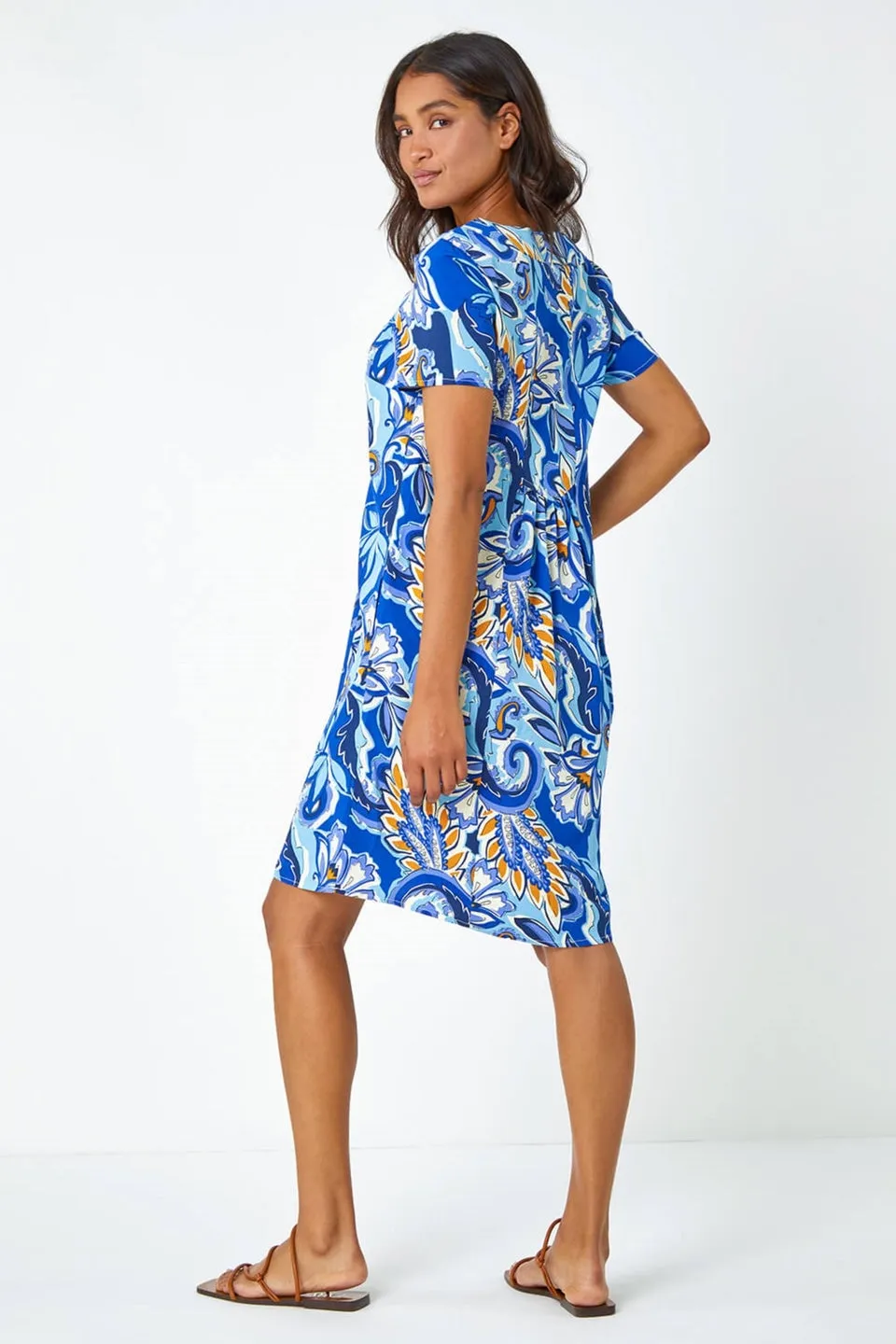 Roman Royal Blue Baroque Floral Pocket Shift Tunic Dress