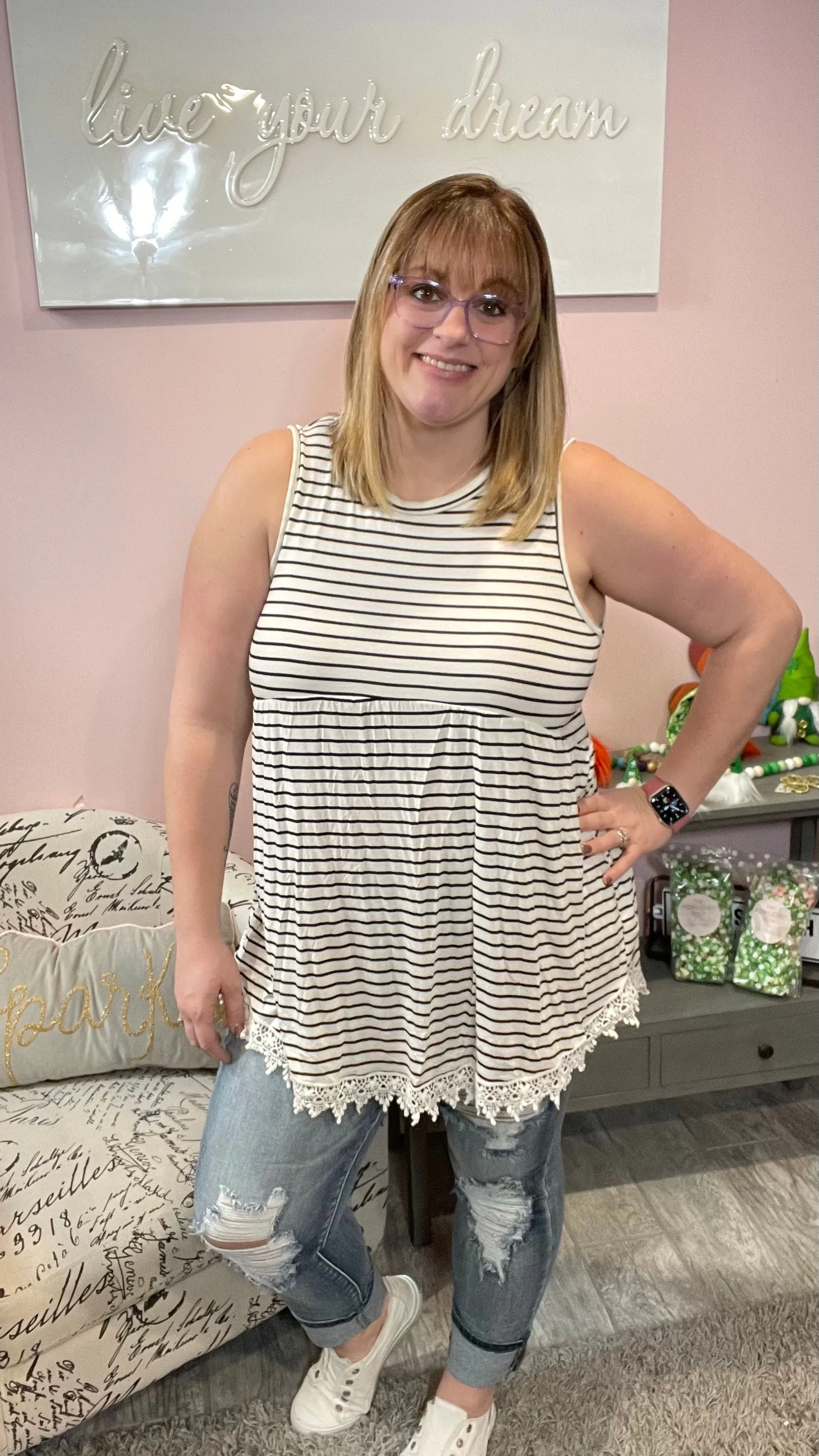 Striped Babydoll Tunic with Lace Details