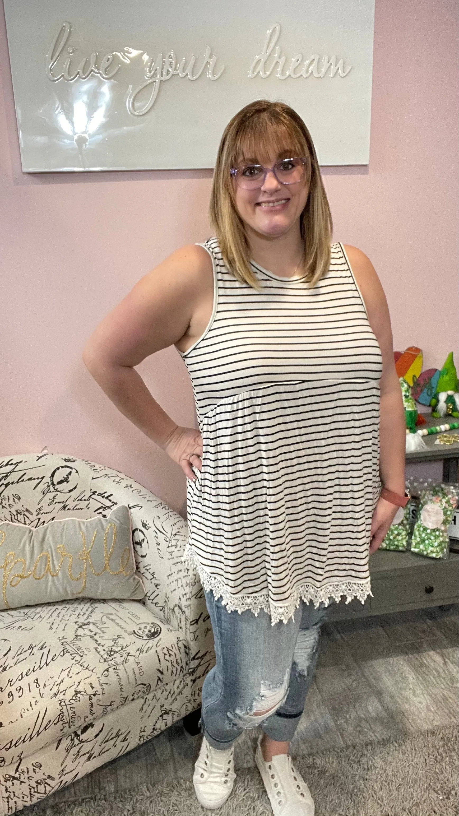 Striped Babydoll Tunic with Lace Details