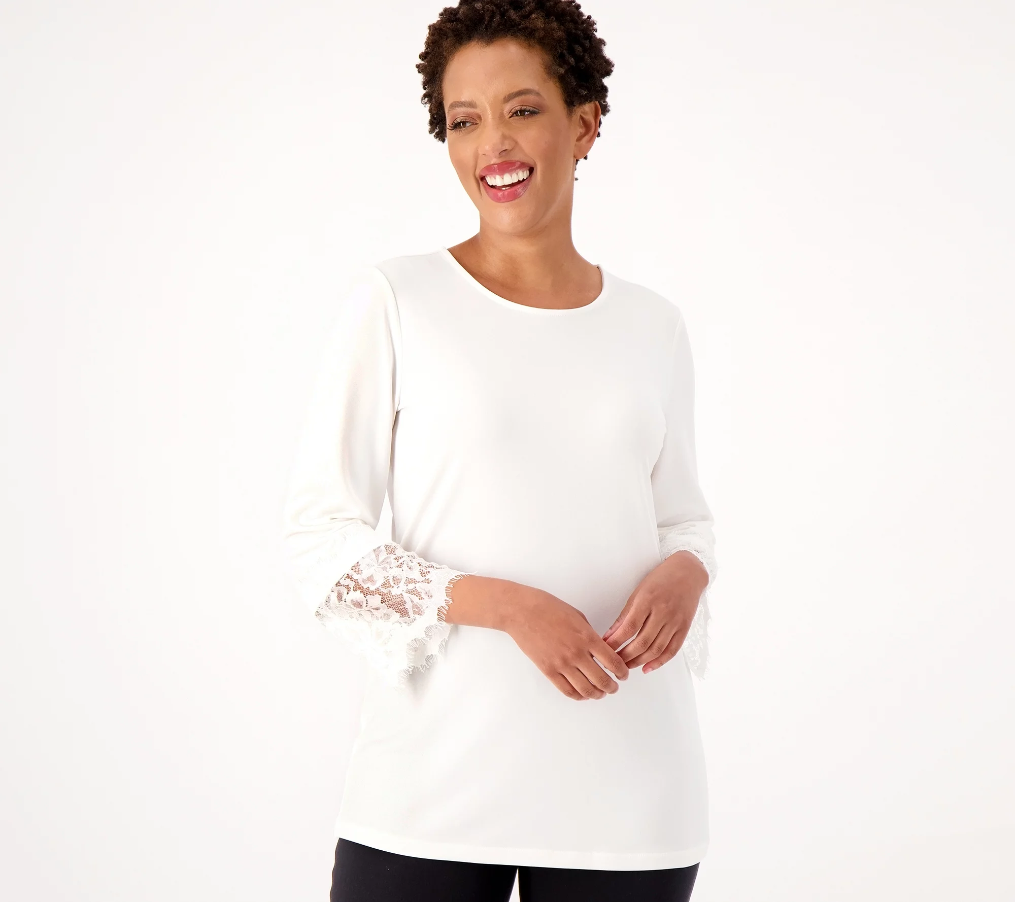 Susan Graver Occasions Petite Liquid Knit Tunic with Lace Details