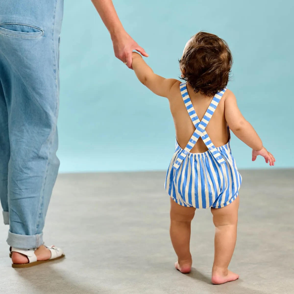 The Bonnie Mob Baby Boys Clam Striped Bubble Romper in Blue