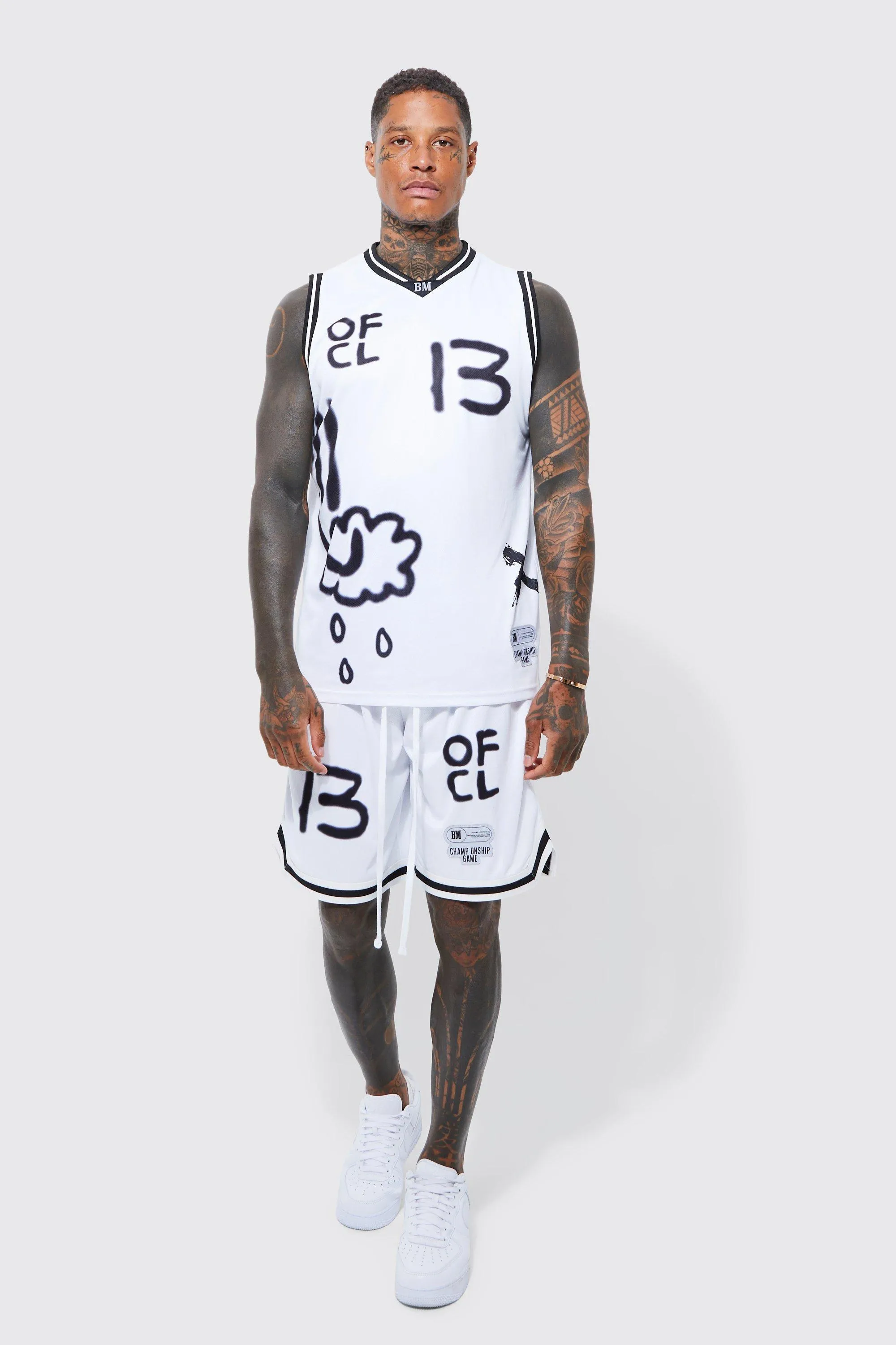 V-neck Mesh Graffiti Vest & Short Set | boohooMAN UK