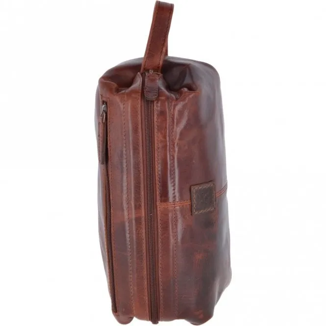 Vintage Leather Luxury Wash Bag With Tubular Mouth Opening Tan : Seb