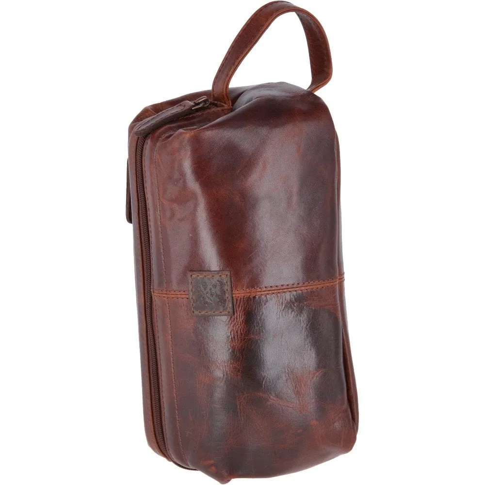 Vintage Leather Luxury Wash Bag With Tubular Mouth Opening Tan : Seb