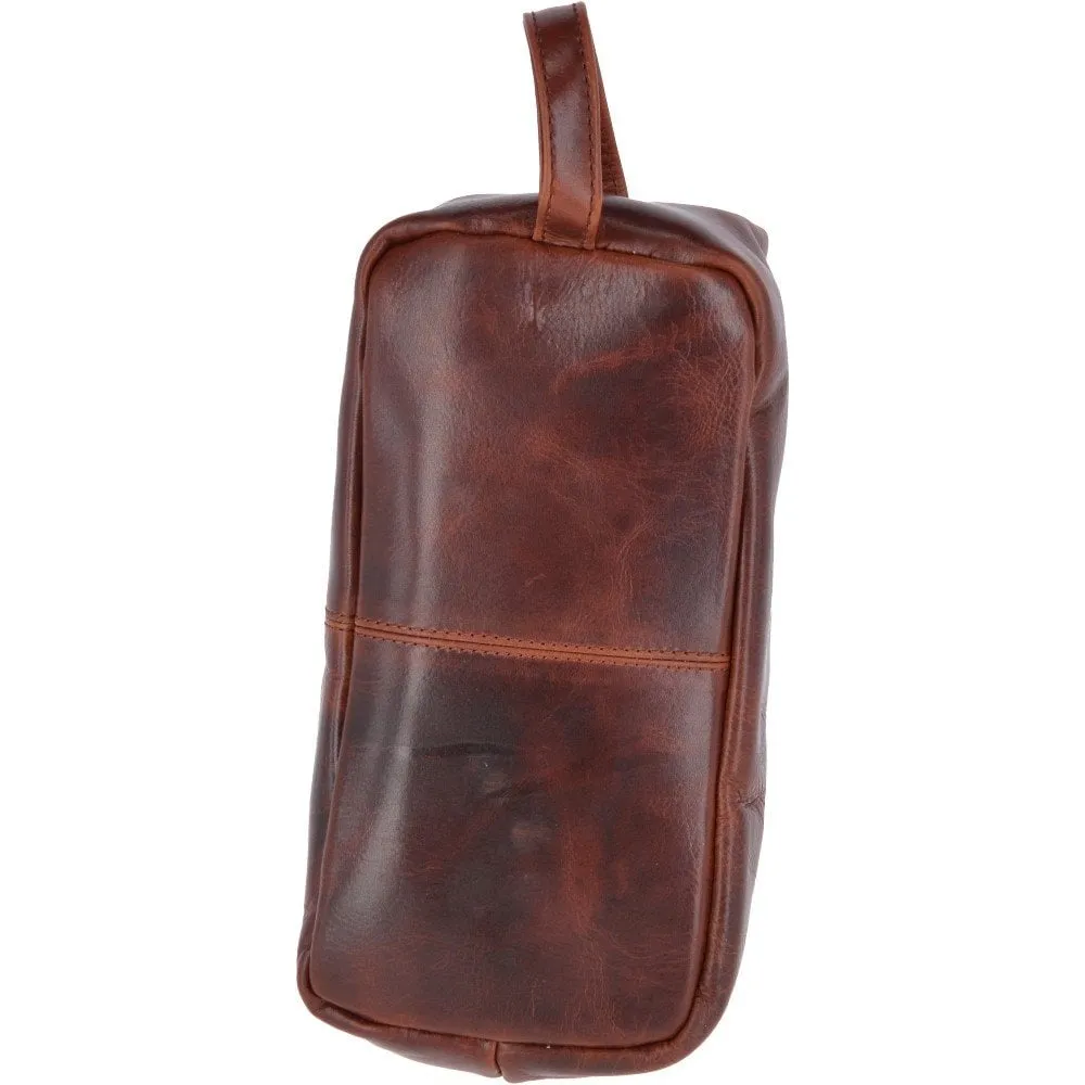 Vintage Leather Luxury Wash Bag With Tubular Mouth Opening Tan : Seb