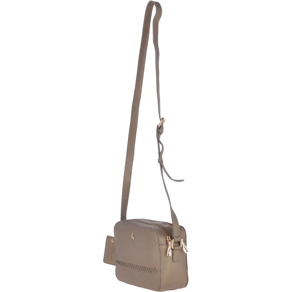 Zip Around 2 Section Small Leather Cross Body Bag Pewter: 62103